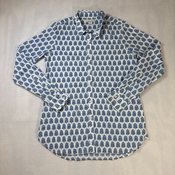 Garnet Hill Womens Shirt Button Down White Blue/Green Flowers Size 4 - Picture 1 of 11